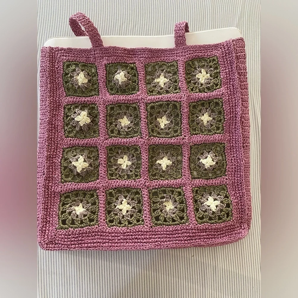 Tory Burch Pink & Green Raffia Hand Crochet Tote Bag